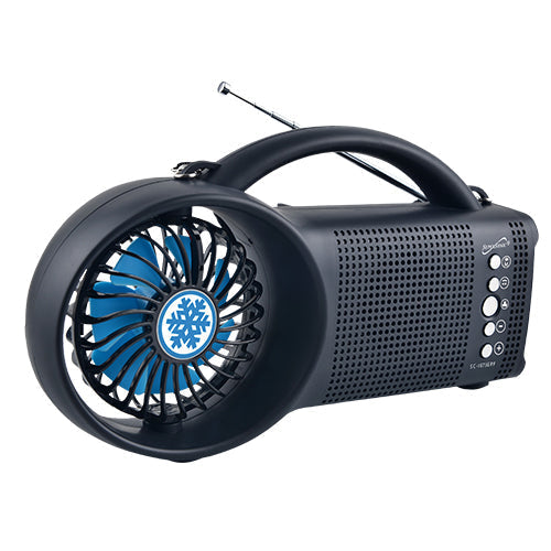 Solar-Powered Bluetooth Speaker with FM Radio, LED Torch, and 3-Speed Fan