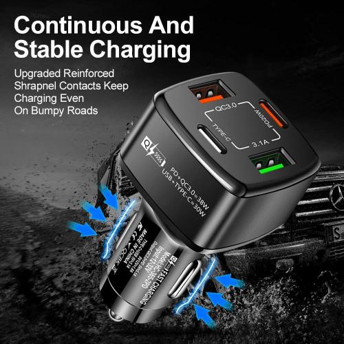 PBG 4-Port Car Charger - Dual USB and PD Ports for Fast Charging