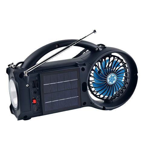 Solar-Powered Bluetooth Speaker with FM Radio, LED Torch, and 3-Speed Fan