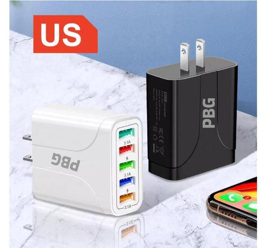 PBG Black 5-Port Wall Charger & QC 3-in-1 Nylon Braided Fast