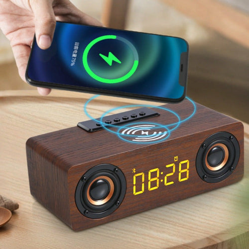 4-in-1 Wireless Charger, Bluetooth Speaker, Alarm Clock & FM Radio - Multifunctional Gadget for iPhone & Samsung