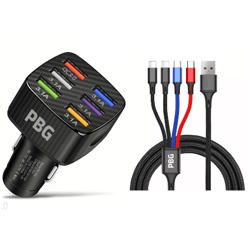 PBG 6-Port LED Car Charger Bundle with 4-in-1 Charging Cable - Fast and Efficient Multi-Device Charging Solution