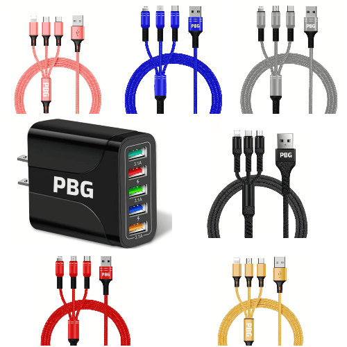 PBG Black 5-Port Wall Charger & QC 3-in-1 Nylon Braided Fast