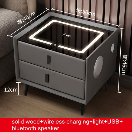 Smart Bedside Table with Wireless USB Charging - Multi-Functional Infrared Sensitive LED Light and Bluetooth Speaker Night Stand