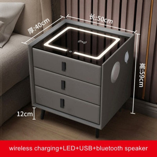 Smart Bedside Table with Wireless USB Charging - Multi-Functional Infrared Sensitive LED Light and Bluetooth Speaker Night Stand