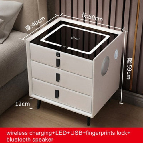 Smart Bedside Table with Wireless USB Charging - Multi-Functional Infrared Sensitive LED Light and Bluetooth Speaker Night Stand