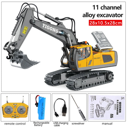 1:20 Scale Remote Control Excavator Toy – 11CH RC Construction Vehicle with 2.4G Handle, Lights, and Sound