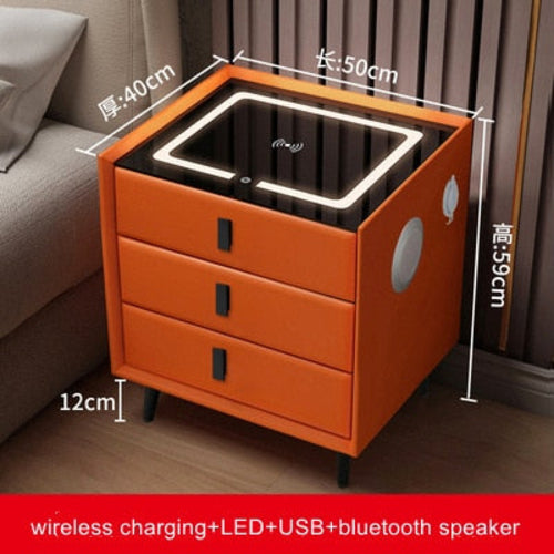 Smart Bedside Table with Wireless USB Charging - Multi-Functional Infrared Sensitive LED Light and Bluetooth Speaker Night Stand