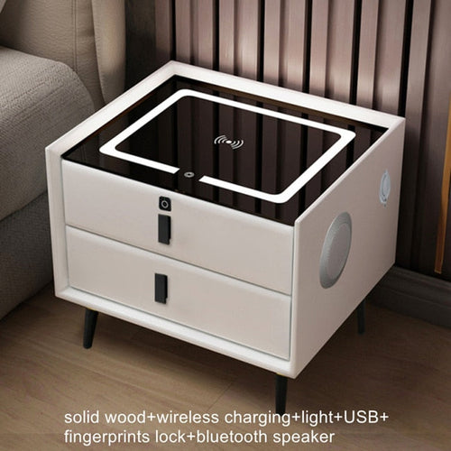 Smart Bedside Table with Wireless USB Charging - Multi-Functional Infrared Sensitive LED Light and Bluetooth Speaker Night Stand