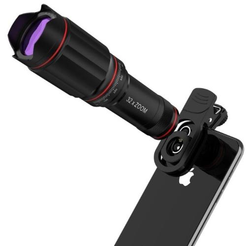 Ultra HD 32x Zoom Mobile Phone Telescope Camera Lens – Includes Mini Tripod, Mount Ring, Universal Clip, and Accessories