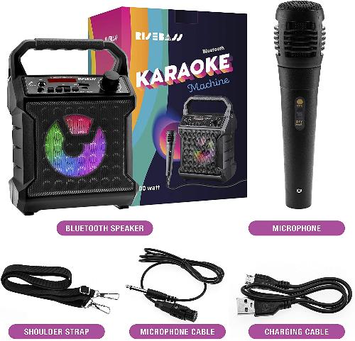 Risebass Wireless Karaoke Machine – Portable Bluetooth Speaker with Wired Microphone, FM Radio, LED Lighting, and Multiple Connectivity Options