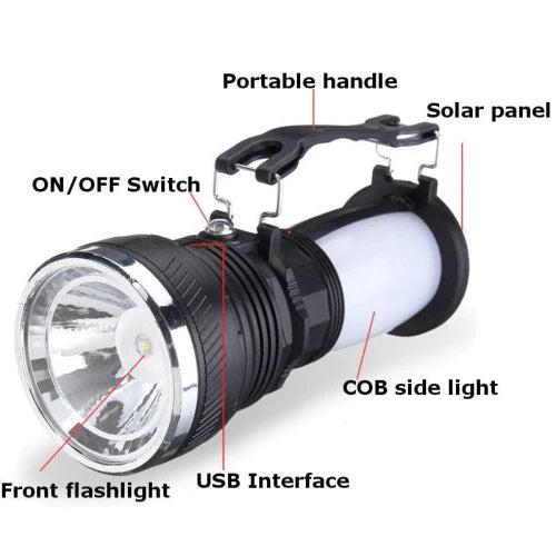 Portable Multi-Use Camping Lantern with LED Light, Solar Charging, and Power Bank Function