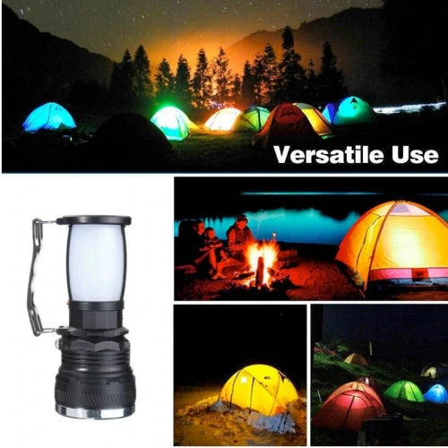 Portable Multi-Use Camping Lantern with LED Light, Solar Charging, and Power Bank Function