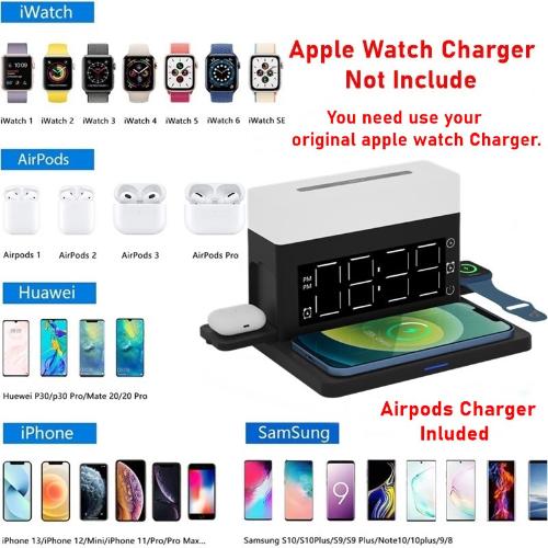 15W Fast Wireless Charger, 6-in-1 Charging Station with RGB Night Light and Alarm Clock for iPhone 13/12/11 Pro Max, Apple Watch, and AirPods