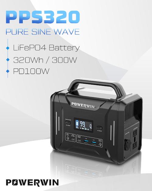 POWERWIN Portable Power Station 320 Watt-Hours – 600W Peak Power with Dual AC Outlets, LiFePO4 Battery, and 100W PD Fast Charging for Camping, Emergencies, and Home Use