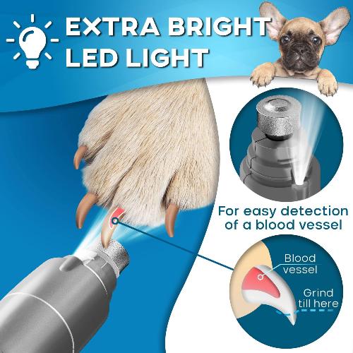 Rechargeable Dog Nail Grinder with LED Light - Quiet and Safe Pet Nail Trimmer