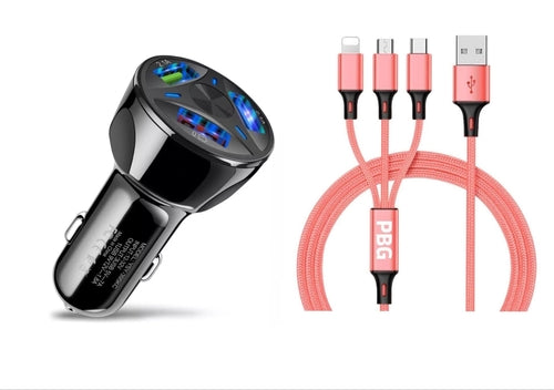 3-Port LED Fast Car Charger & 3-in-1 Fast Charging Cable Combo