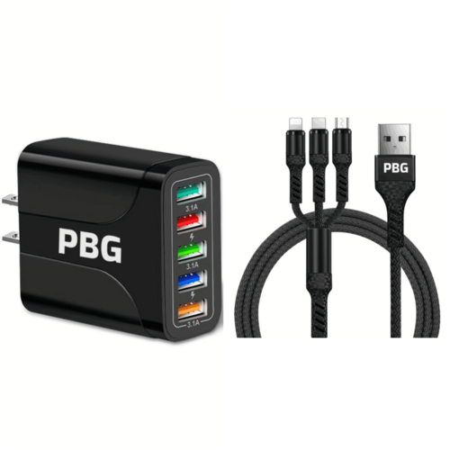 PBG Black 5-Port Wall Charger & QC 3-in-1 Nylon Braided Fast