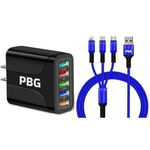 PBG Black 5-Port Wall Charger & QC 3-in-1 Nylon Braided Fast