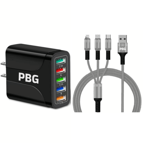 PBG Black 5-Port Wall Charger & QC 3-in-1 Nylon Braided Fast