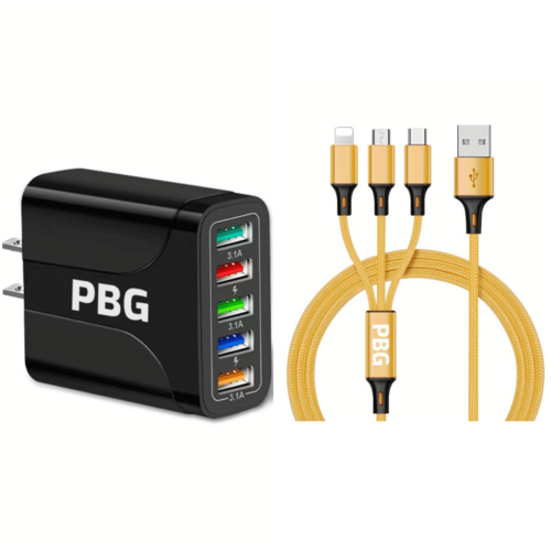 PBG Black 5-Port Wall Charger & QC 3-in-1 Nylon Braided Fast