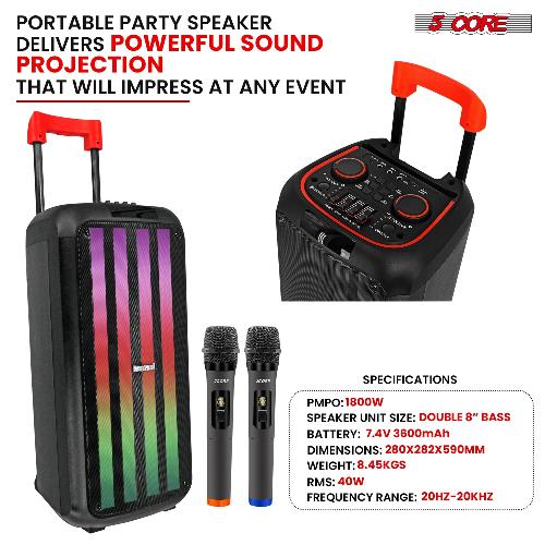 1800W Bluetooth Party Speaker with Dual 8-Inch Woofers, Wireless Microphones, and RGB Disco Lights | Portable PA System for Karaoke, Events, and Outdoor Parties